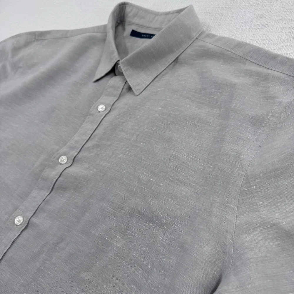 Perry Ellis Mens XL Tan Linen Cotton Blend Short Sleeve Button Up Shirt